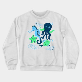 Aqua ocean animals - sea horse, star fish, octopus, fish Crewneck Sweatshirt